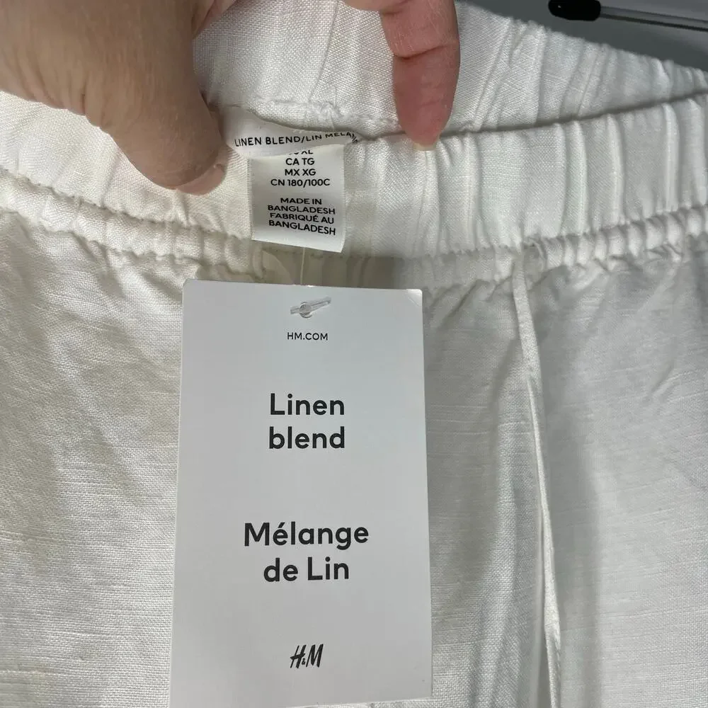 H&M Linen Blend Wide Leg Pants Womens Sz XL New Drawstring Waist Pull On Lounge
